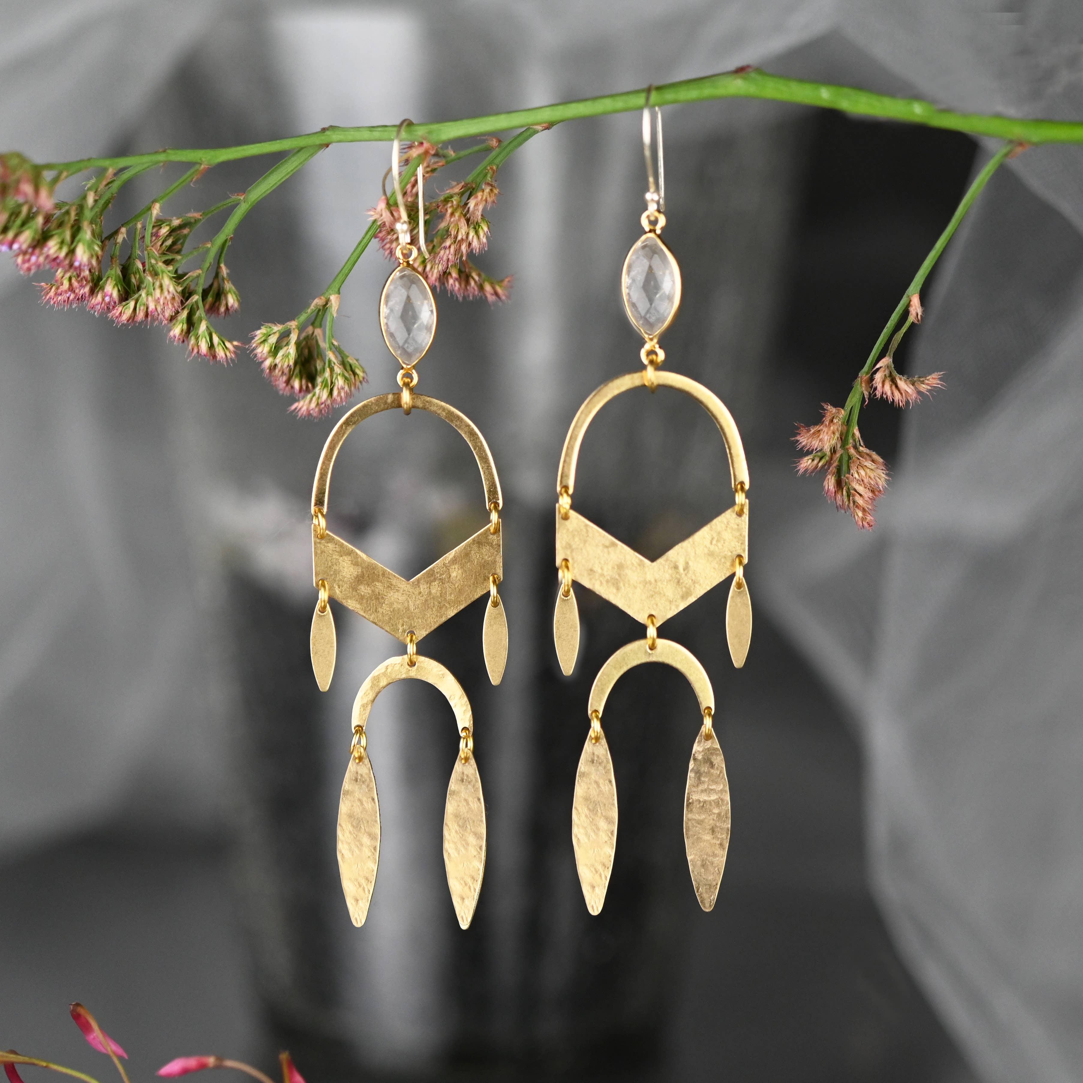 Dramatic Chevron Mobile Earring with Semi Precious Gemstones - Image 4
