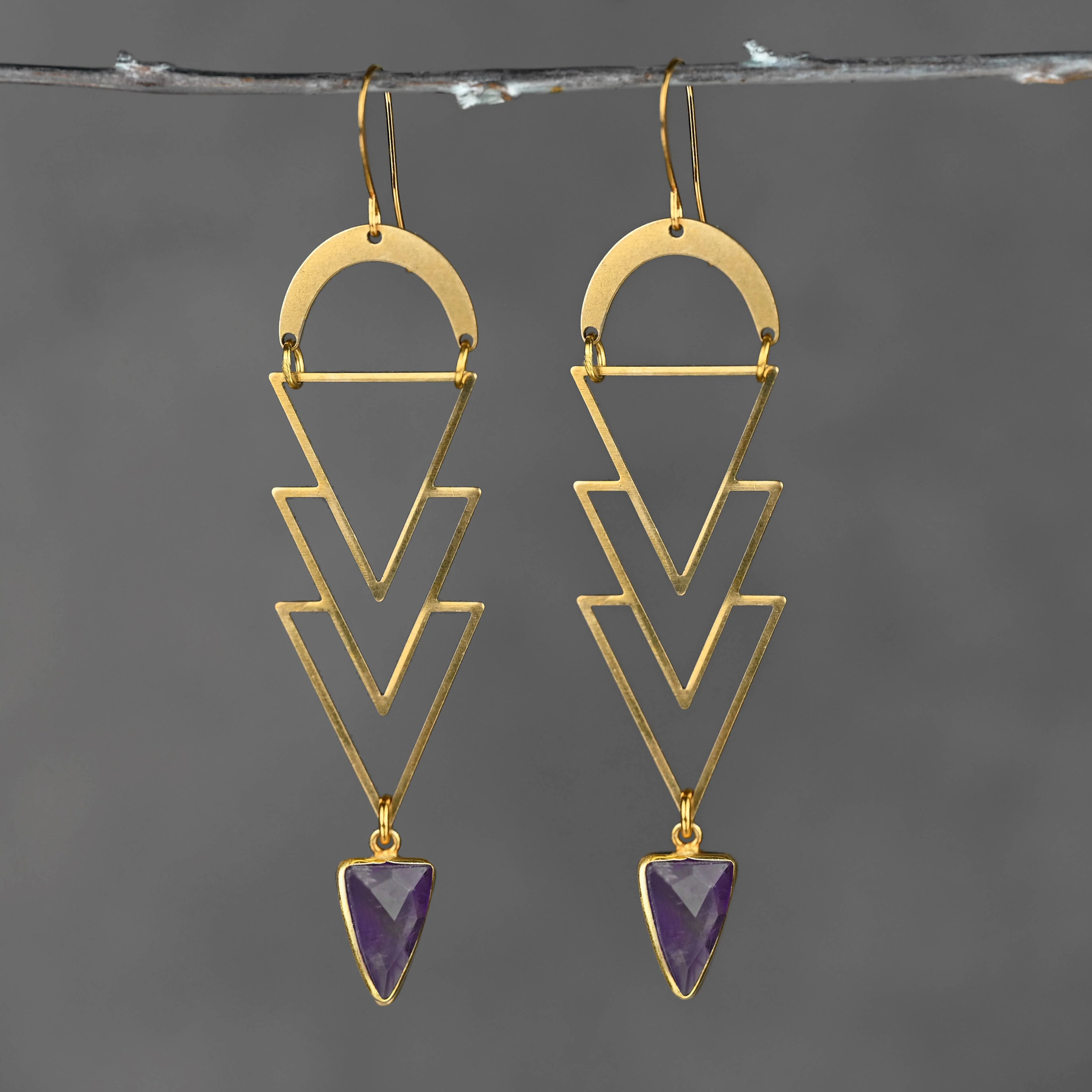 Geometric Brass Triangle x 4 w/ Semi Precious Stone Earrings
