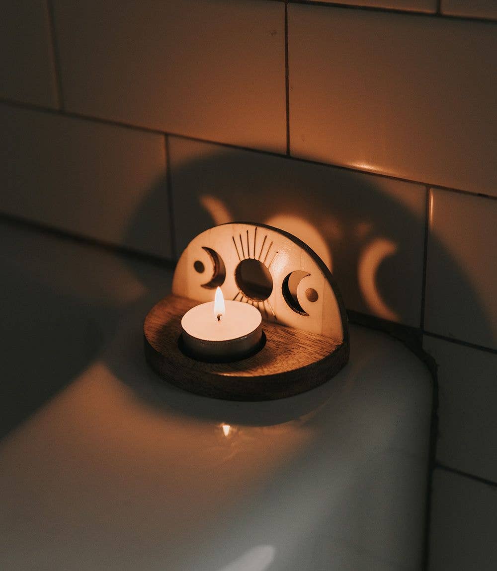 Indukala Moon Phase Tealight Candle Holder-Carved Bone Wood - Image 2