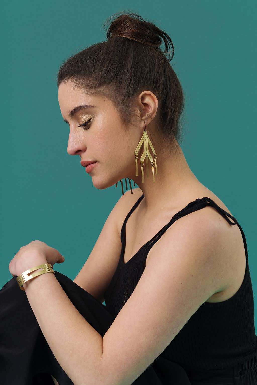 Stamped Brass Statement Earrings w/ Brass Dangles - Image 3