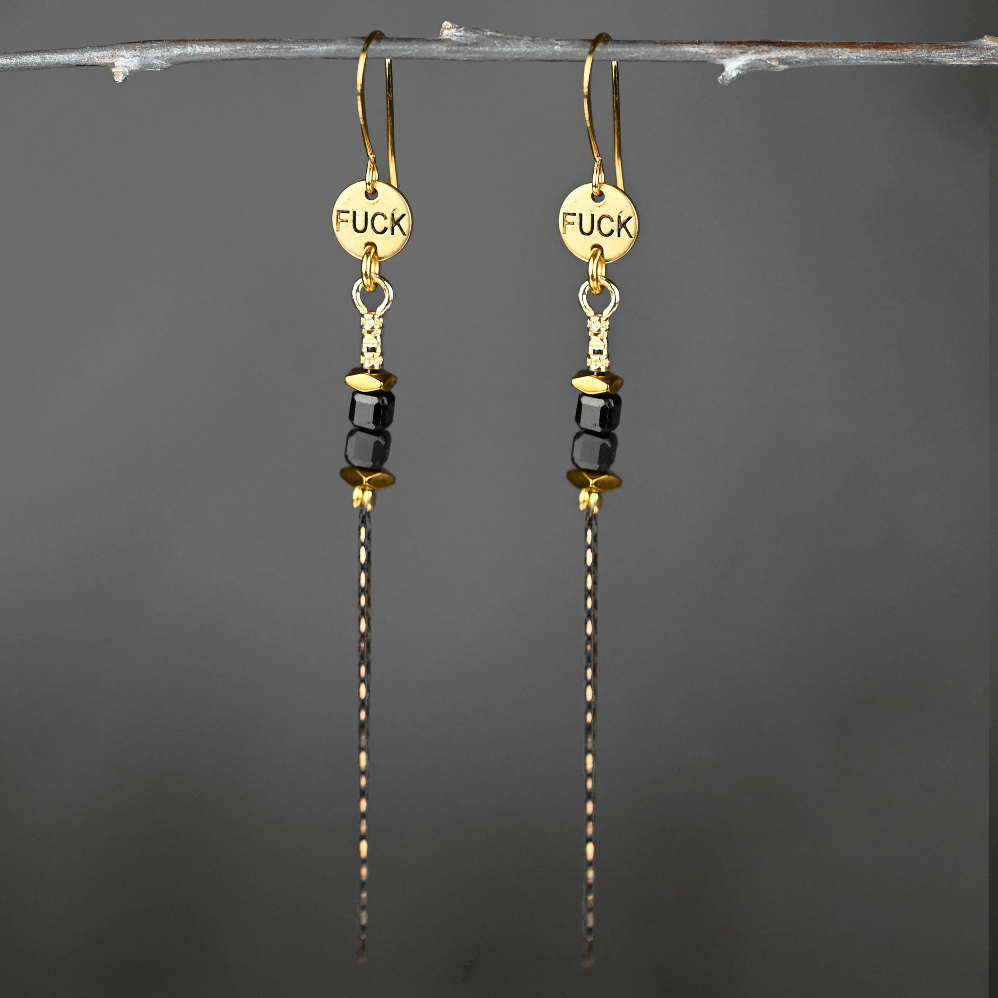 Stamped F*ck Drop Earrings with Delicate Gemstone Chain - Image 2