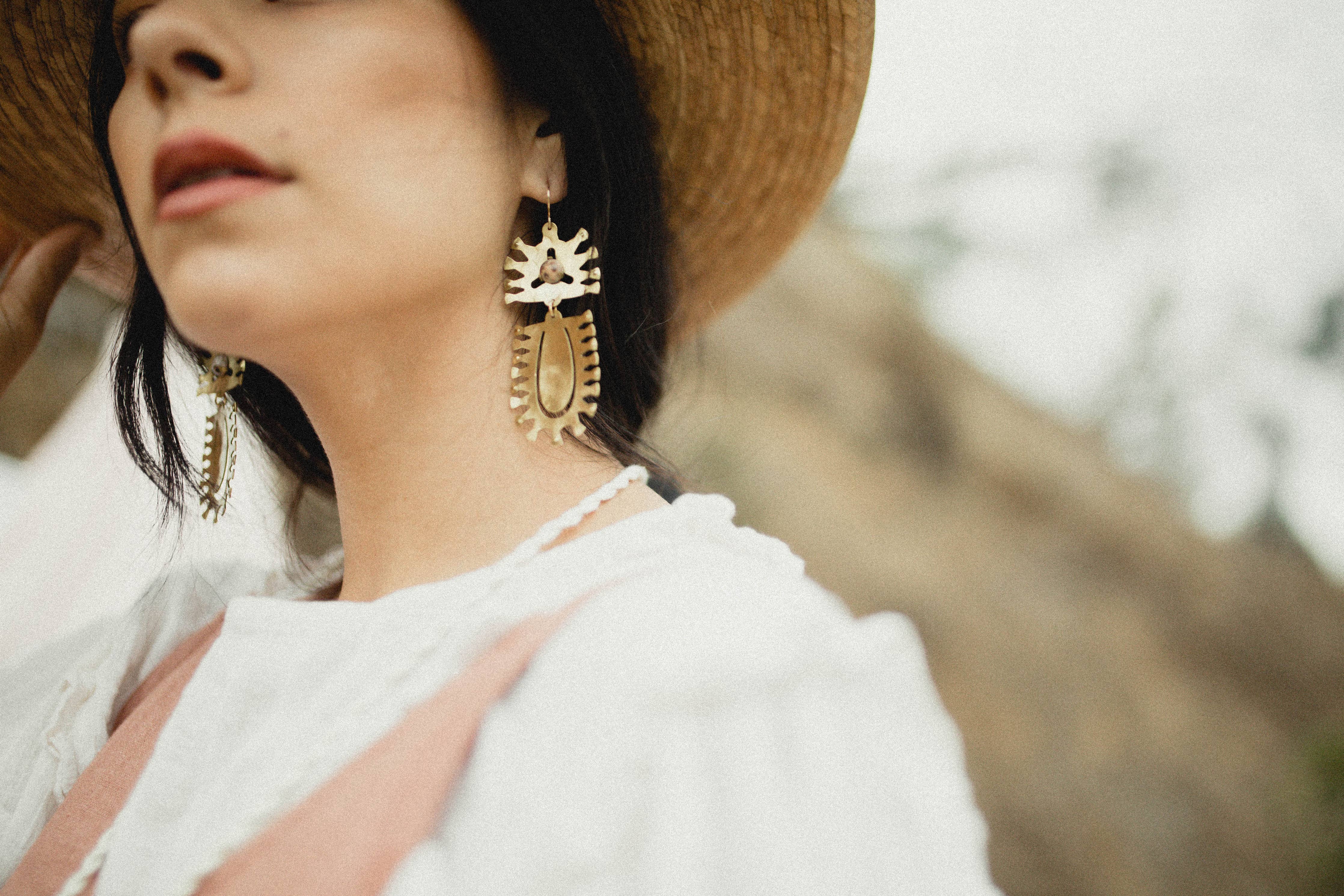 Textured Brass Earrings w/ Prong Set Stones - Image 5