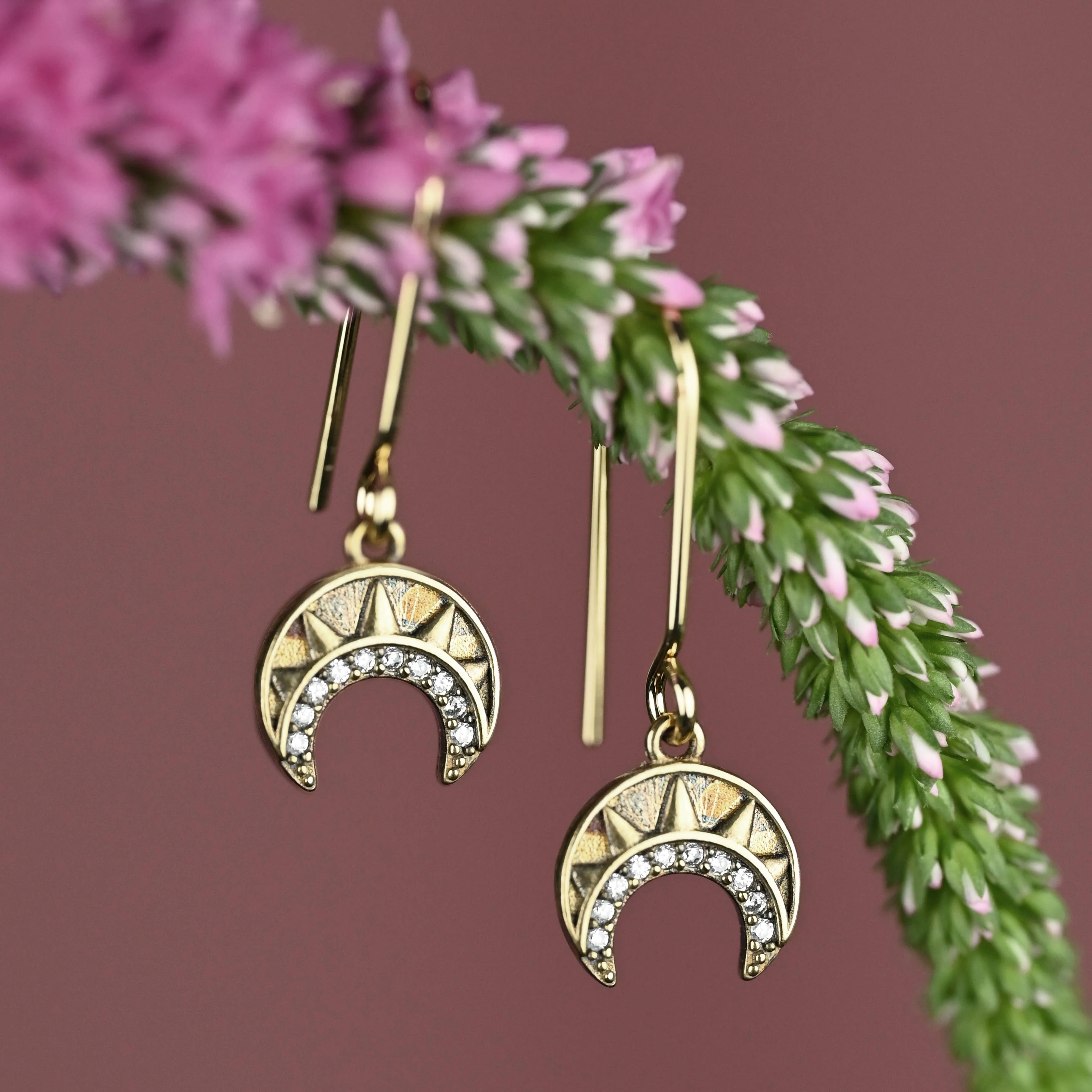 Vintage Deco Crescent Earrings with Tiny Crystals - Image 2