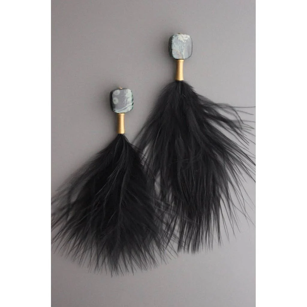 Jasper and Black Feather Post Earrings