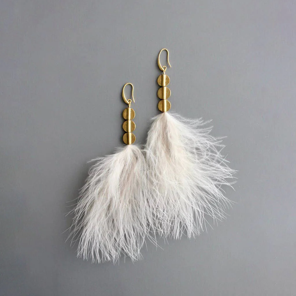 Blush Feather and Brass Disc Earrings