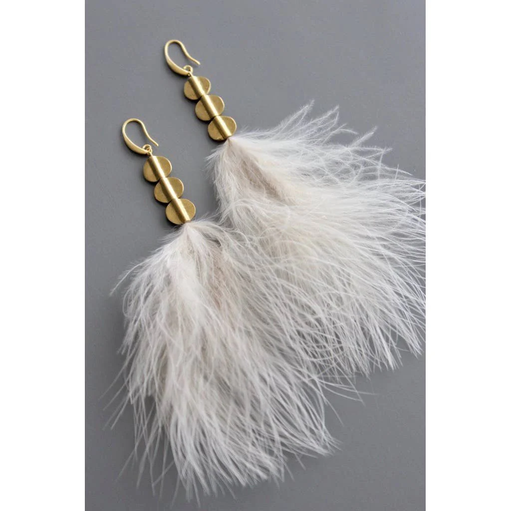 Blush Feather and Brass Disc Earrings - Image 3